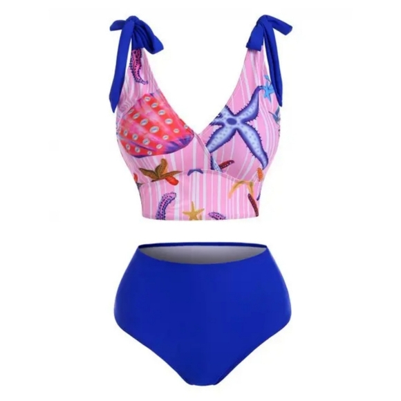 🚨🆑️✂️ Marine Striped Tie Shoulder High Waisted Tankini | Navy Blue Pinks Red - Picture 1 of 14